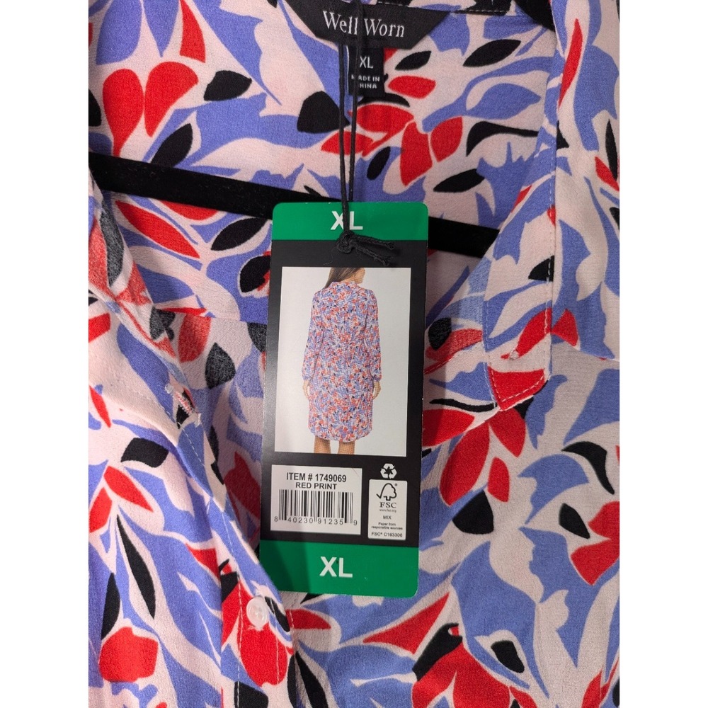 Well Worn Shirt Dress XL Blue Red Abstract Leaf Print Tie Waist Office Bohemian - Picture 3 of 10